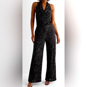 NWT-Express Sequin Halter Cowl Neck Wide Leg Jumpsuit, size S